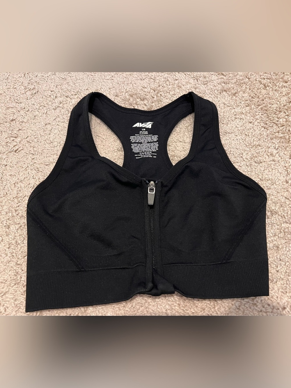 Avia Women’s Black Front Zip Racerback Sports Bra - Size Large